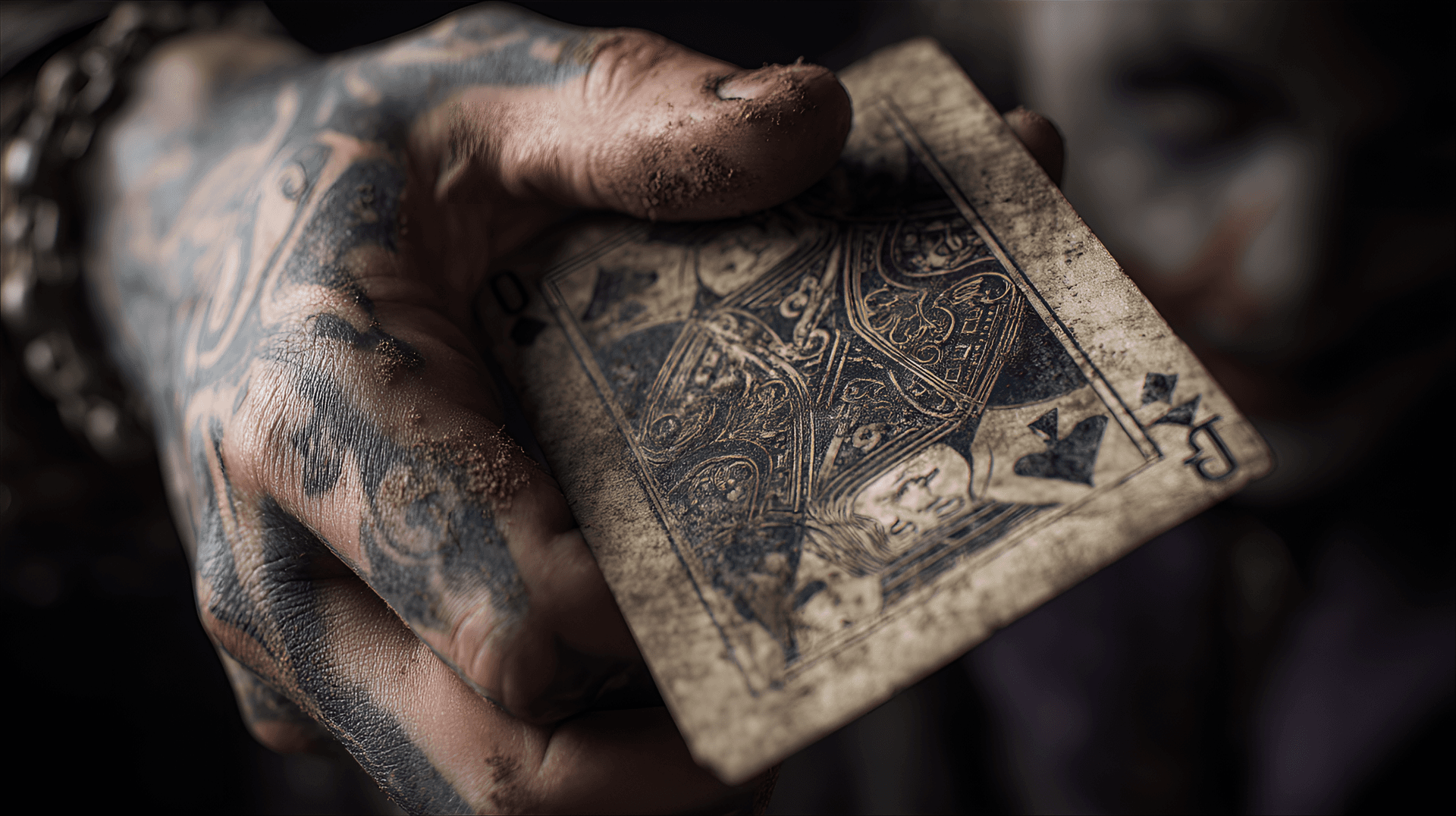 AI generated: Close-up, tattooed hand holding a weathered playing card, Joker face in background, dramatic lightin...