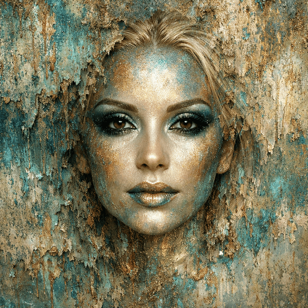 AI generated: front direct view landscape of blond woman head, brown eyes, metalic skin, disappearing into the pat...
