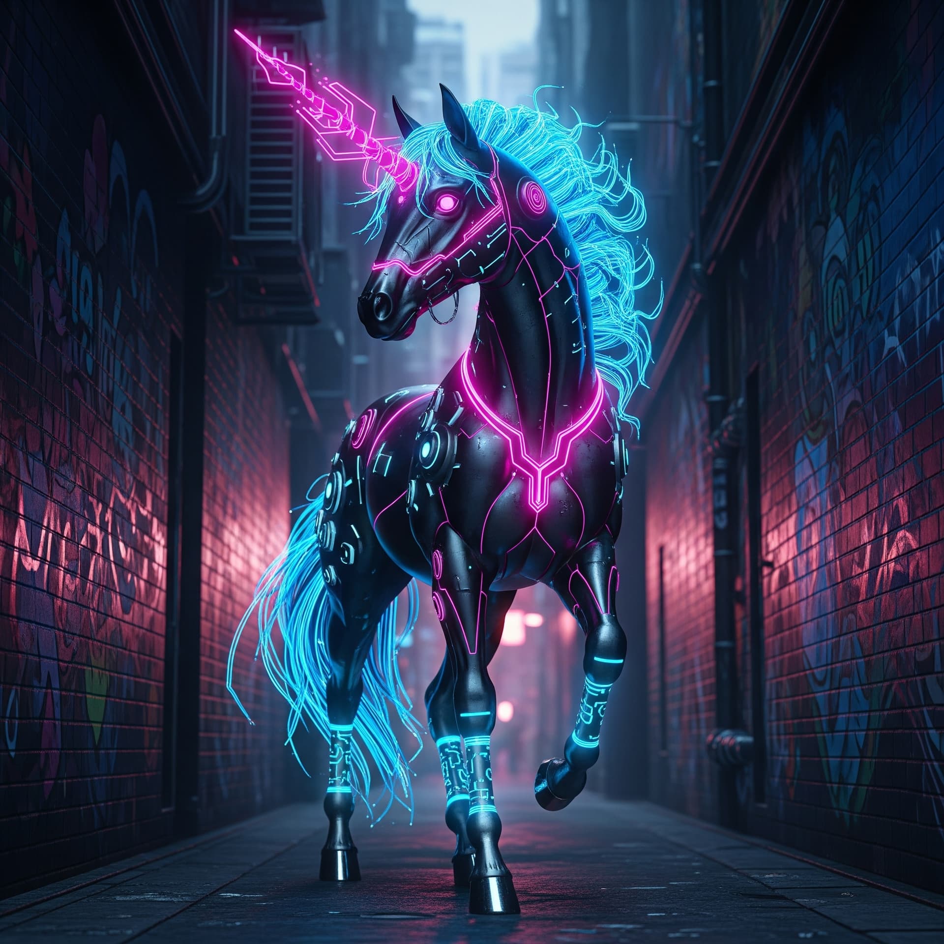 AI generated: A digital illustration of a cyberpunk unicorn, its coat rendered in shades of black and metallic blu...