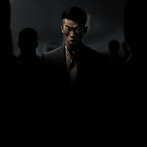 AI generated: Muscular man, Asian, with tattoos, tall, wearing a suit, with a serious expression, behind him are 2...
