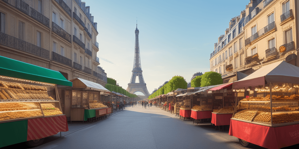 AI generated: street with food stalls on either side and eiffel tower on the background
