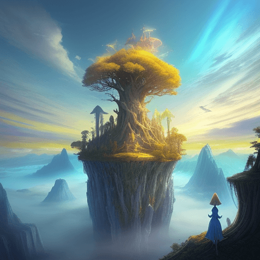 AI generated: mystical Sky Island,Embark on a journey against a yellow backdrop,in mid-air,a colossal withered tre...