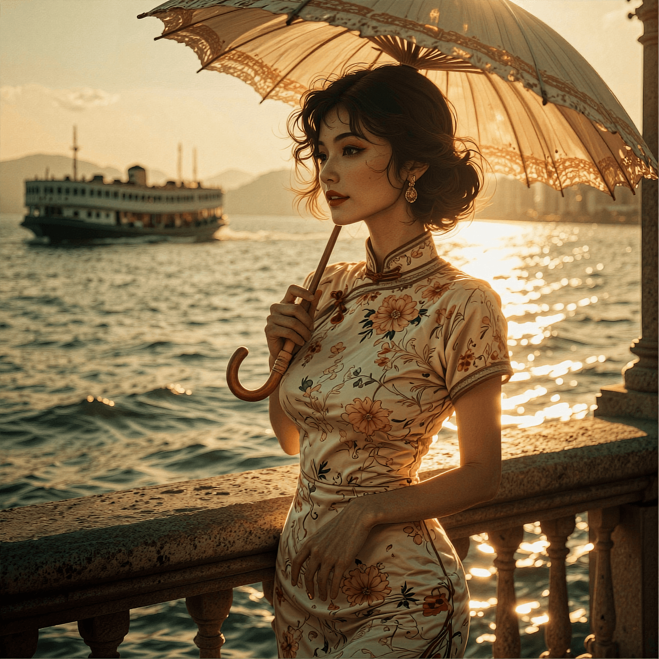 AI generated: A cinematic, vintage-style masterpiece illustration of an elegant Asian woman standing by a harbor r...
