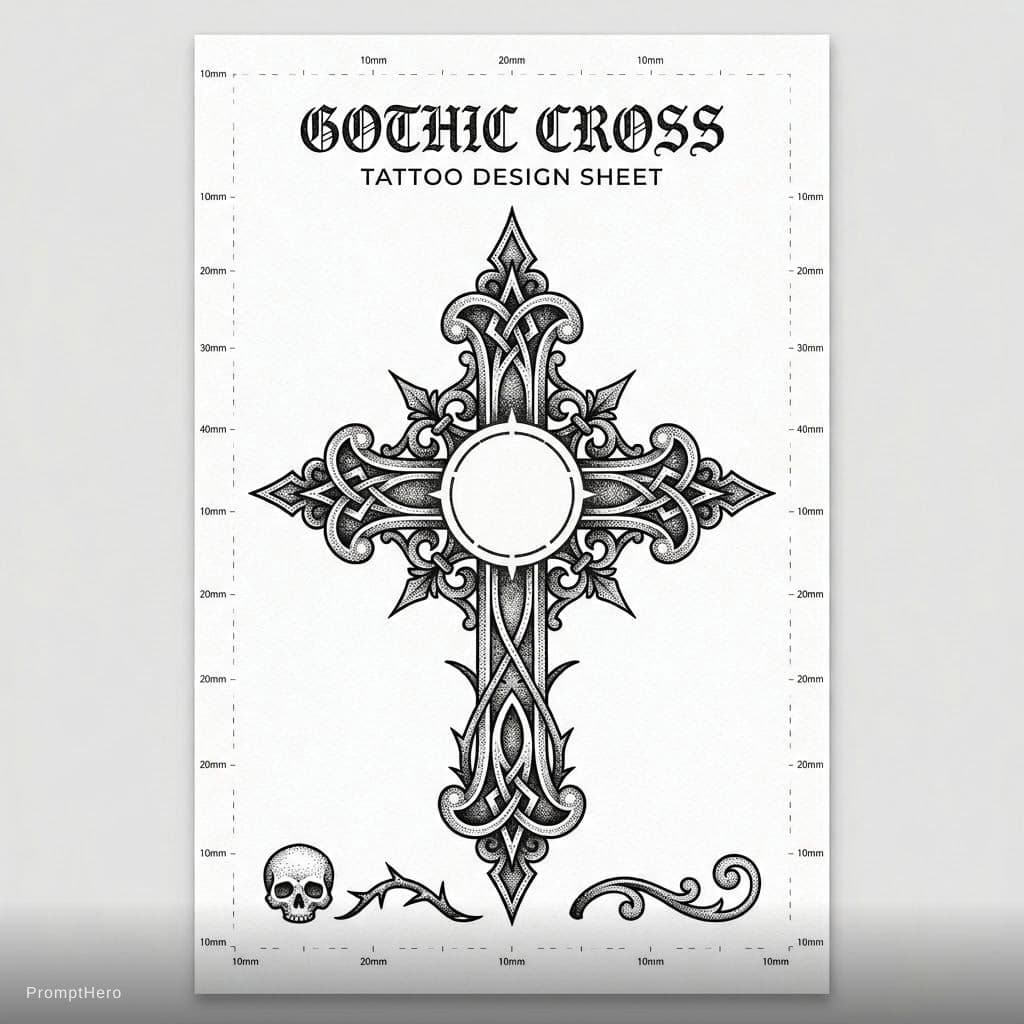 AI generated: tattoo design sheet, gothic cross, central composition, stipple style, clean black, stencil gaps, op...