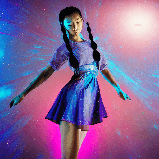 AI generated: (stained glass dress:1.5), blacklight, (beautiful young Korean woman, with blue hair in a braided po...