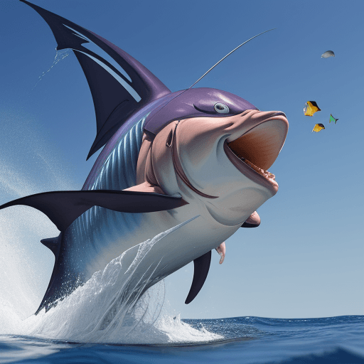 AI generated: High resolution pecheur au gros en pleine action marlin tentant de se sauver