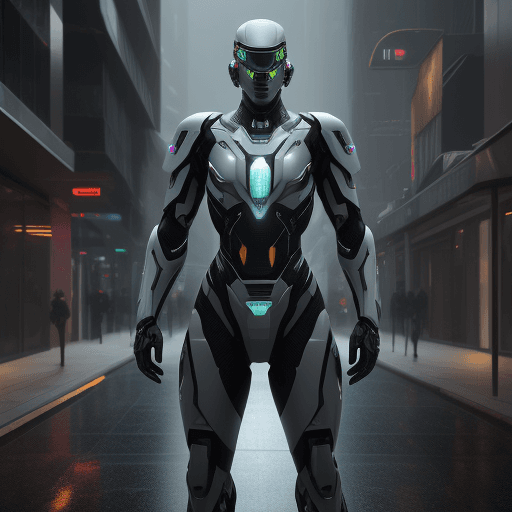 AI generated: Futuristic soldier with hi-tech armor and weaponry, holograms navigations, street, overcast, reflect...