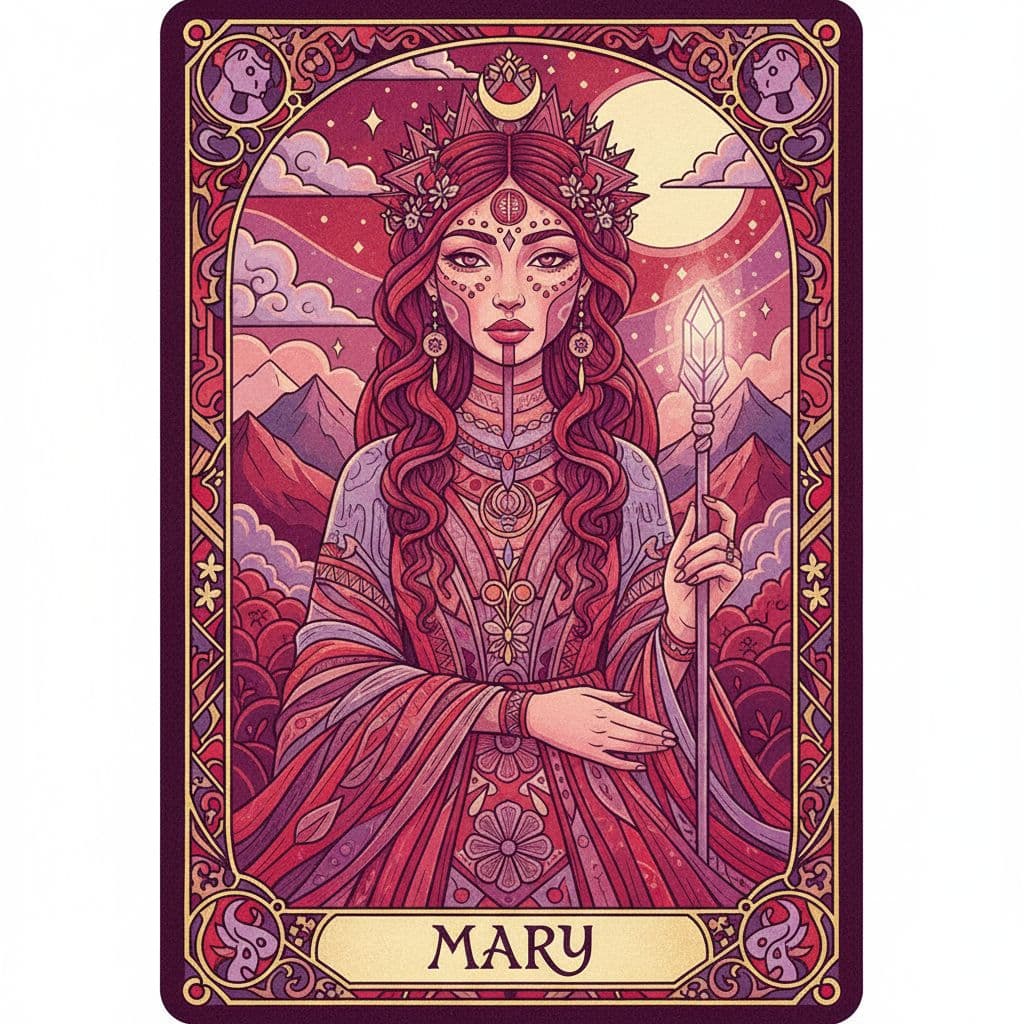 AI generated: the mary painting, in the style of light red and purple, tarot card, detailed facial features, haifa...