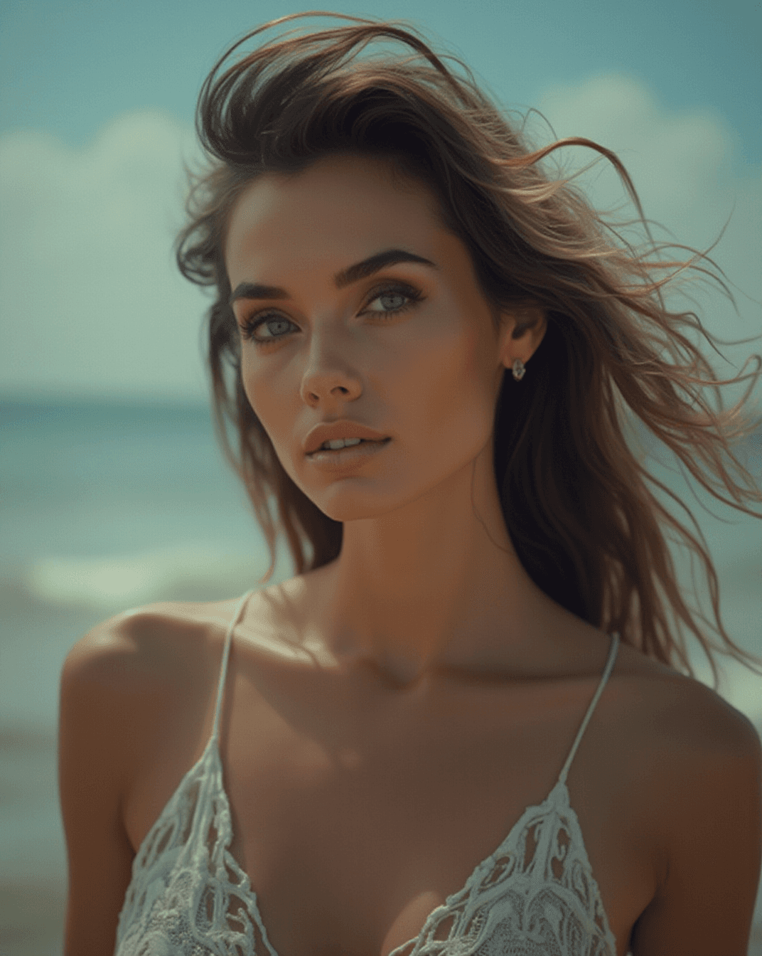 AI generated: Dreamy beach portrait of a woman with wind-swept hair, lace top, soft natural light, calm ocean back...
