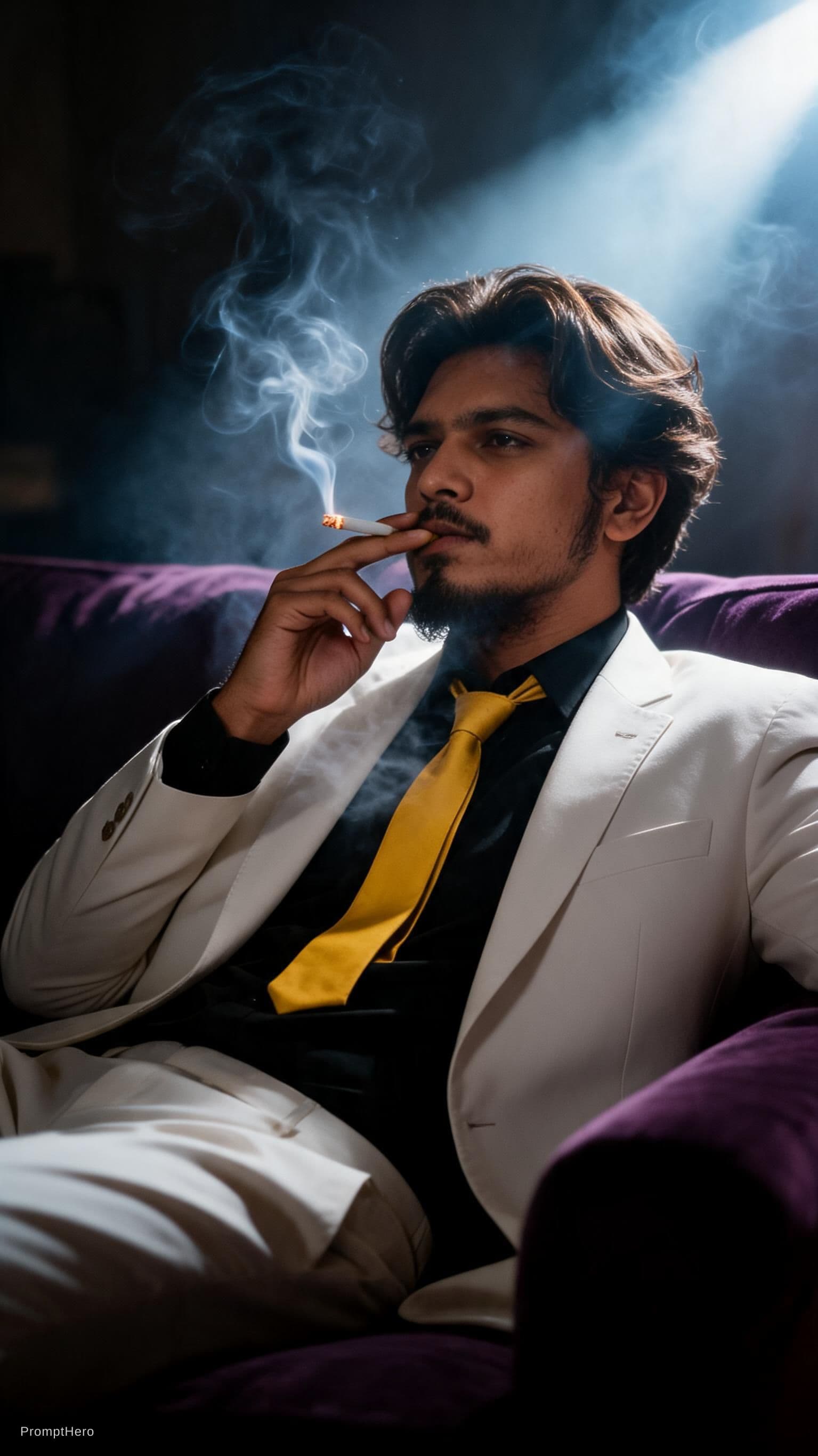 AI generated: snapshot, dimly lit room with a hazy atmosphere, capturing a man model lounging on a deep purple col...