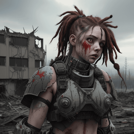 AI generated: Postapocalyptic combat scene with a Beautiful hyperrealistic photograph of cute Young Swedish woman ...