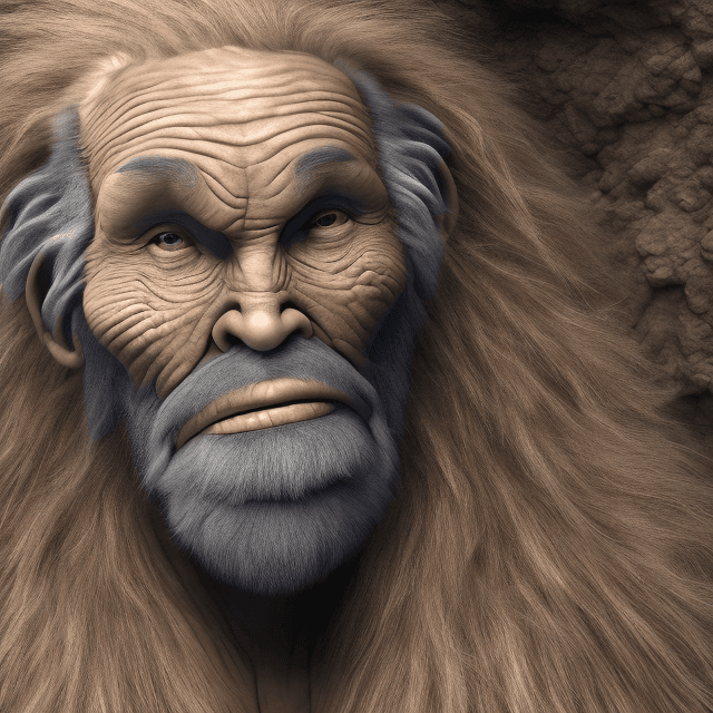 AI generated: A very old slim prehistoric caveman sitting in a prehistoric cave, old face, gray hair, frontal view...