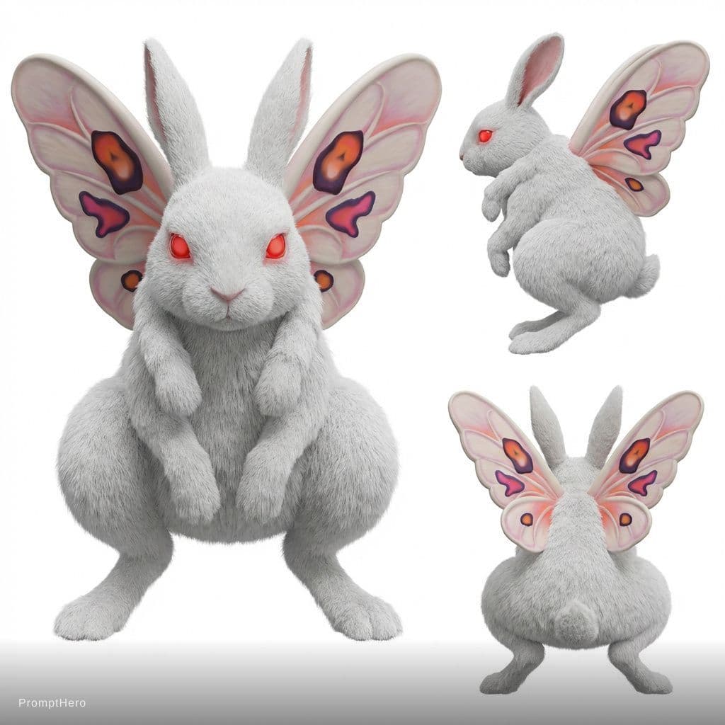AI generated: technical orthographic three-view 3D blueprint of a fantasy rabbit creature, front/side/back views, ...