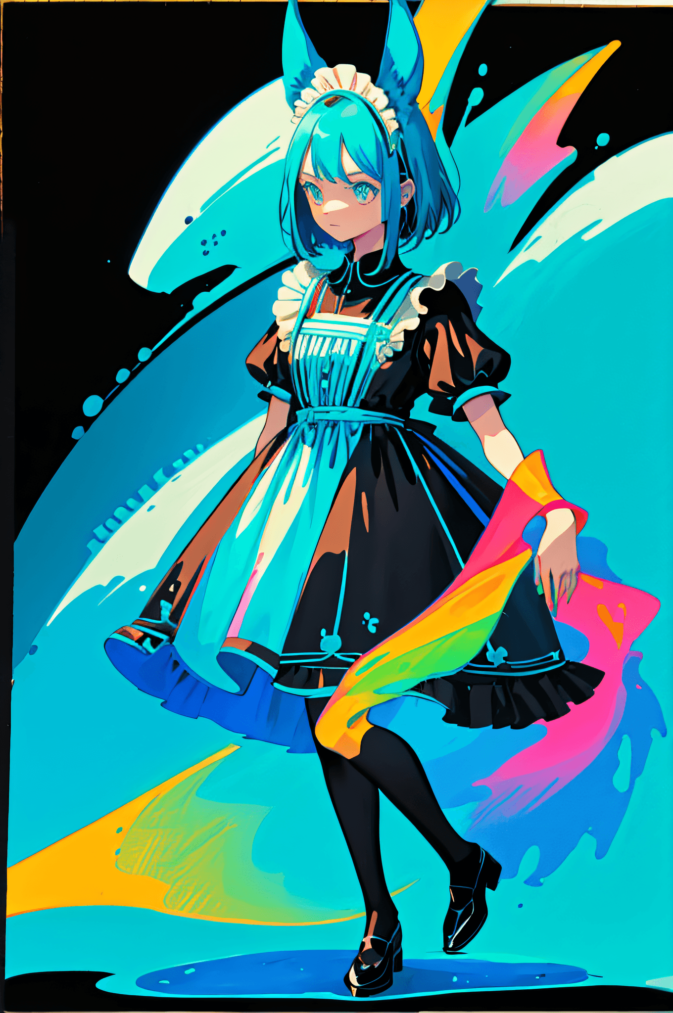AI generated: Polychrome, black background, 1girl, blue outline, full body, maid,