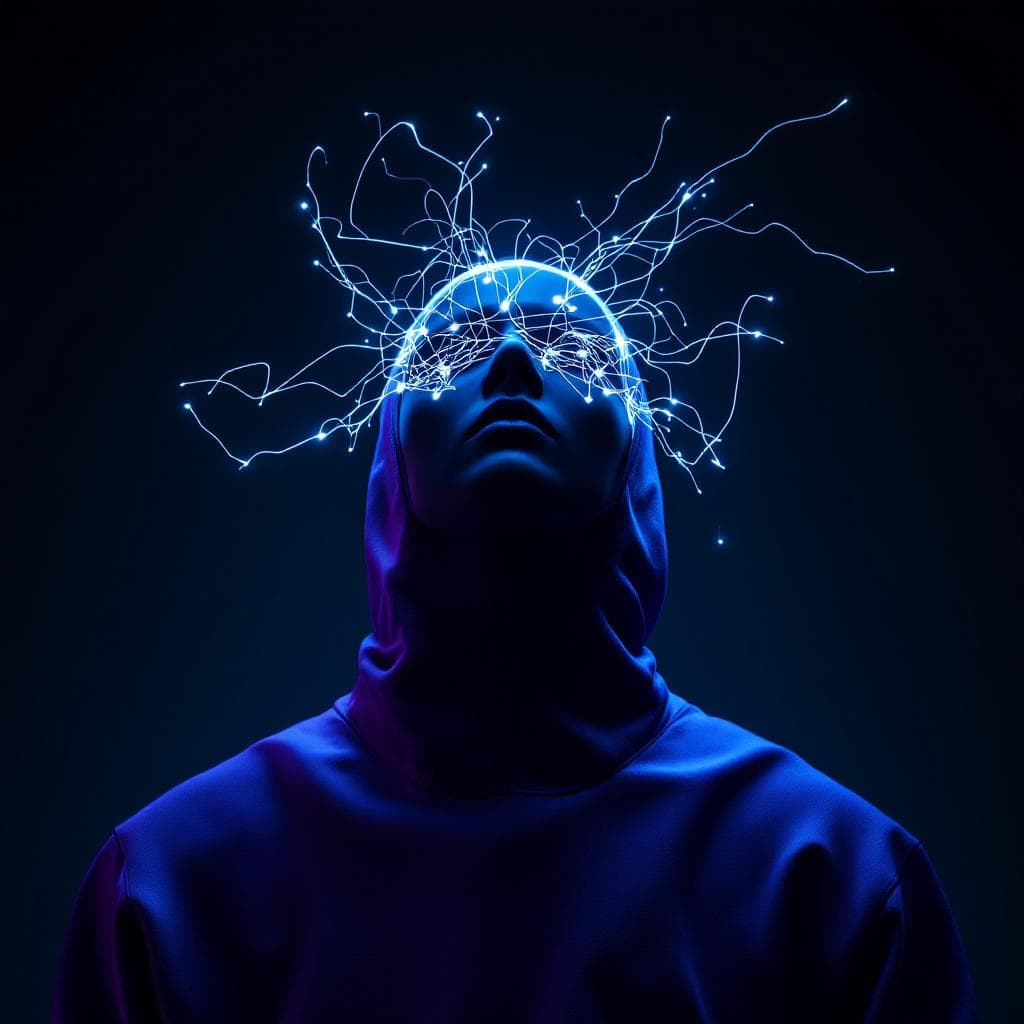 AI generated: surrealistic, high resolution shooting, front view, unknown gender figure with electromagnetic react...