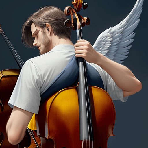 AI generated: Hauser plays the cello. He is wearing a shirt and trousers . The wings of a six-winged angel embrace...