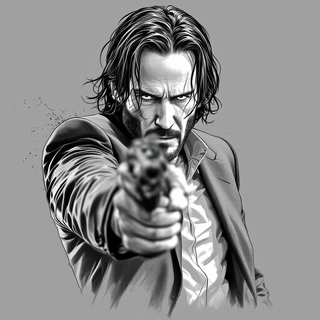 AI generated: Keanu Reeves as John Wick in the style of a pencil sketch drawing, action pose with water gun drawn ...