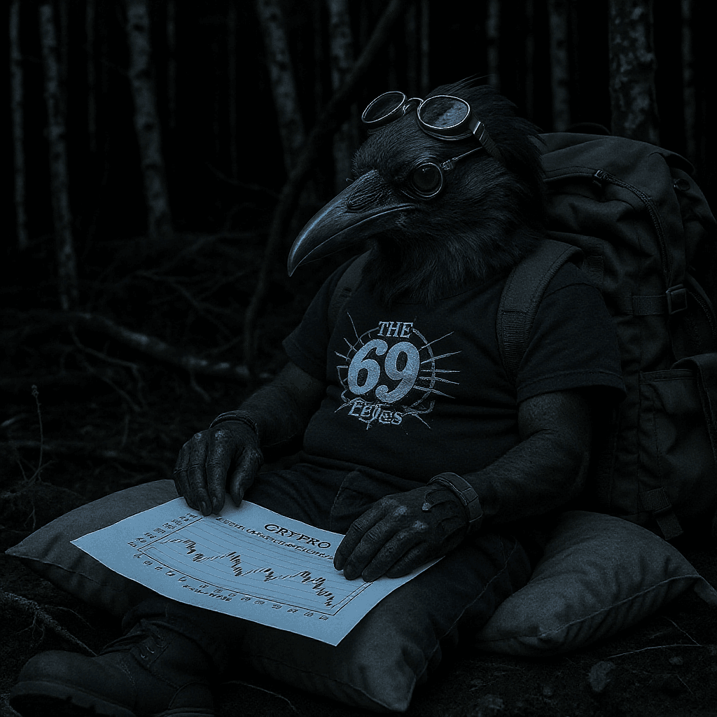 AI generated: A crow wearing vintage aviator glasses on its head and black T-shirt with logo "The 69 Eyes band and...