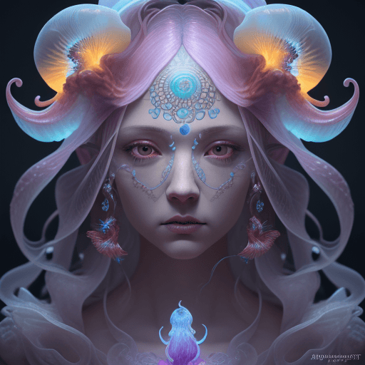 AI generated: Goddess close-up portrait ribcagel. jellyfish phoenix head, nautilus, orchid, skull, betta fish, bio...