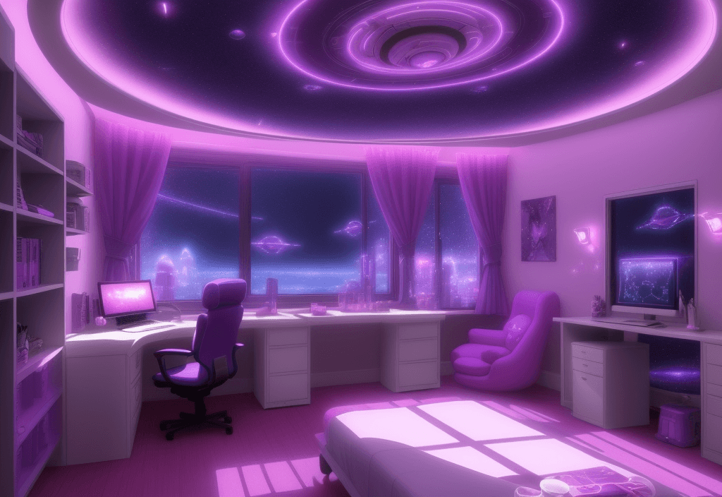 AI generated:  aesthetic spaceship bedroom, anime style, night, coffee machine on desk, cute, purple soft star lig...