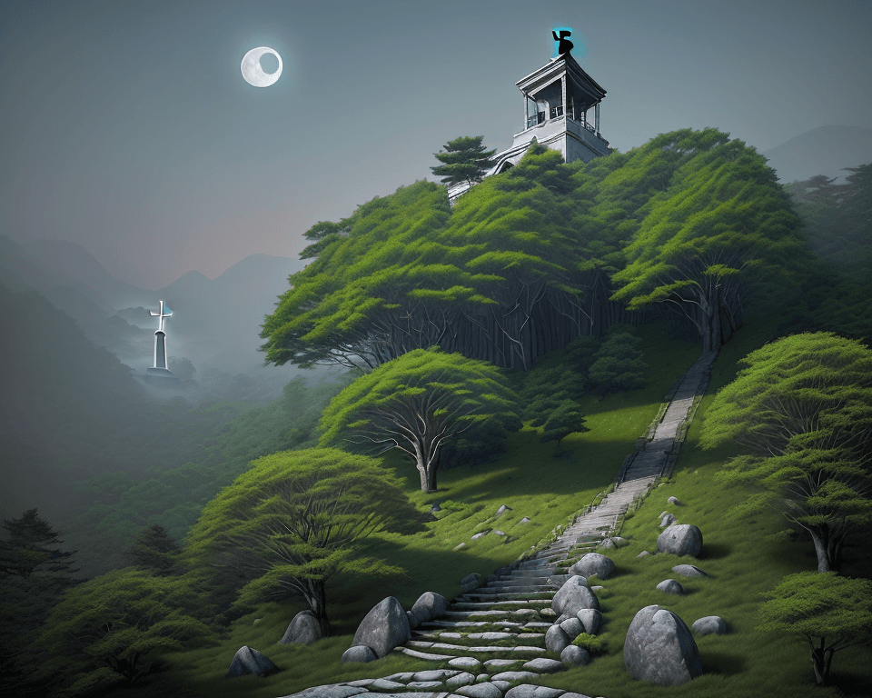 AI generated: rocky hill full of long green trees with stairs going up to the top where there is a visible wooden ...