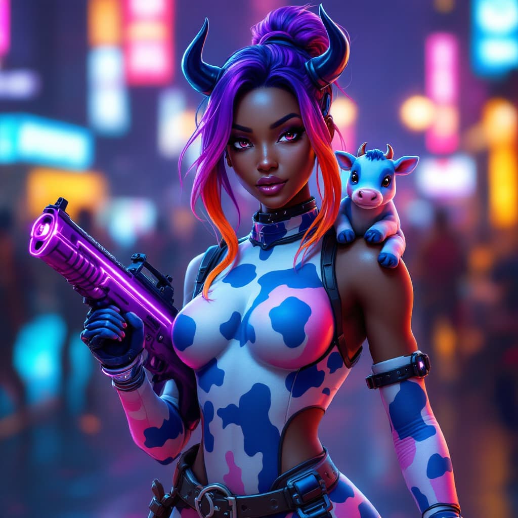 AI generated: Fortnite skin, fortnite battle royal, fortnite action scene, dark skin girl wearing blue and white a...