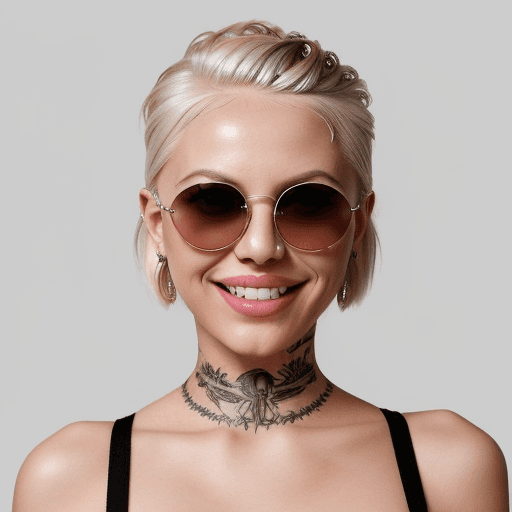 AI generated: A feel who has short, platinum blonde hair styled up with sunglasses resting on top of her head. She...