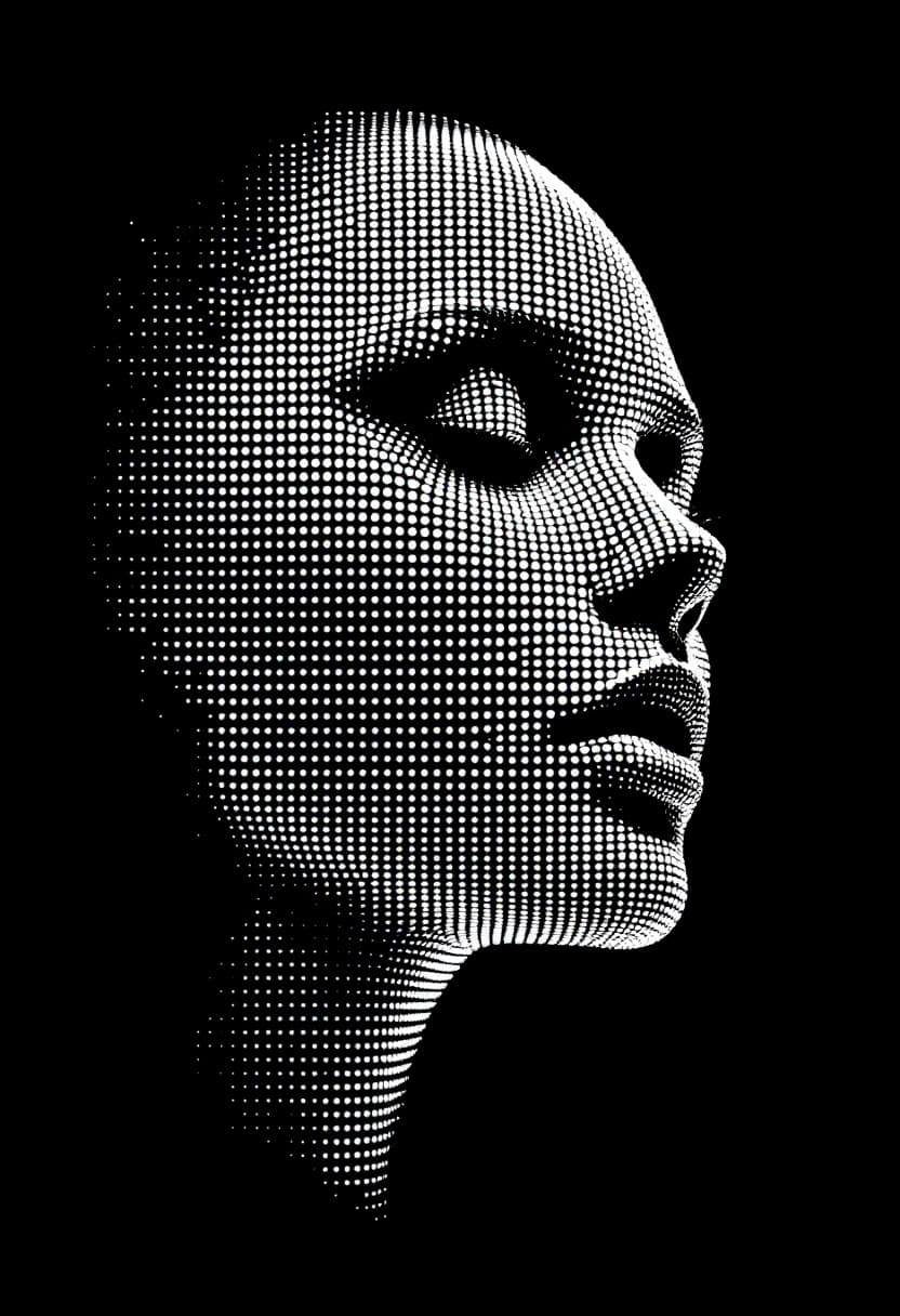 AI generated: a simple white dotted dots forming the 3D shape of a woman's face, 3D design, vector illustration, o...