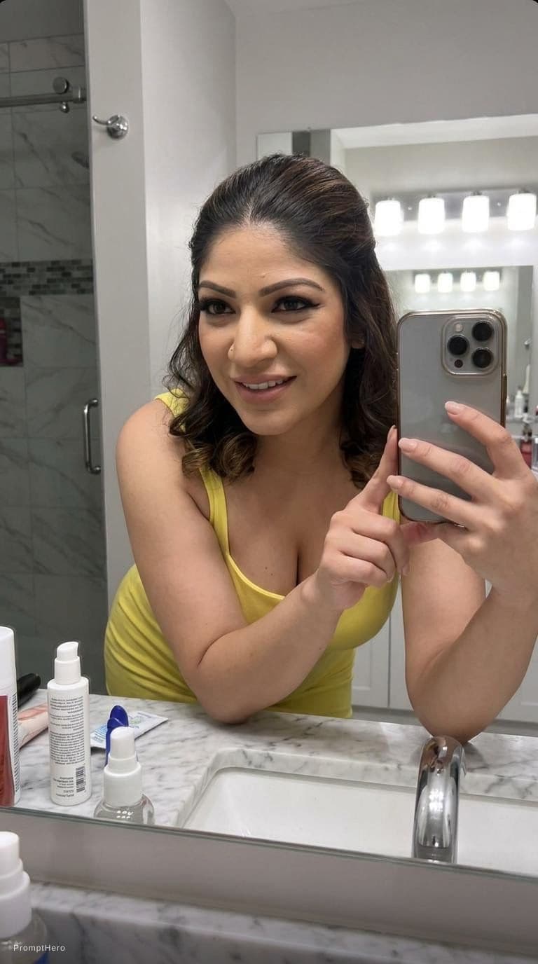 AI generated: looking at me. Taking a bathroom mirror selfie, wearing same (cleavage) bodycon dress leaning forwar...