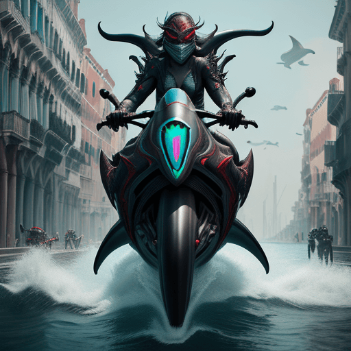 AI generated: mermaid riding a shark in a race, red eyes, mask, cyberpunk, futuristic, venice, intricate artwork ....