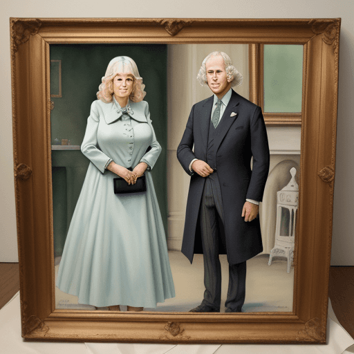 AI generated: Painting of Charles and Camilla standing, full frame, colors, watercolor