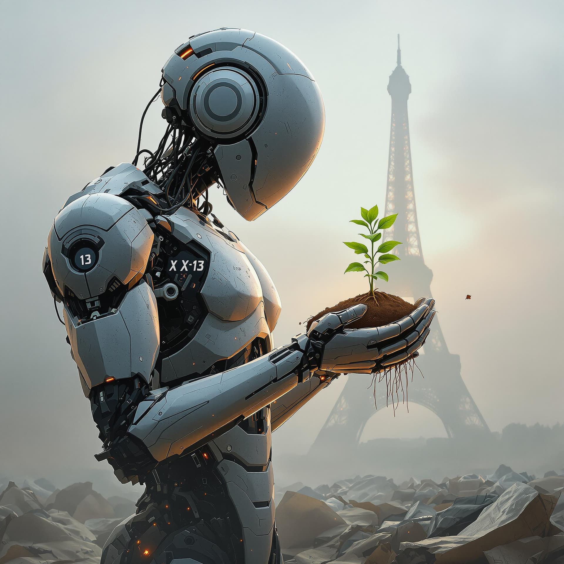AI generated: A double exposure illustration featuring the detailed silhouette of an ultra-futuristic robot. It ho...
