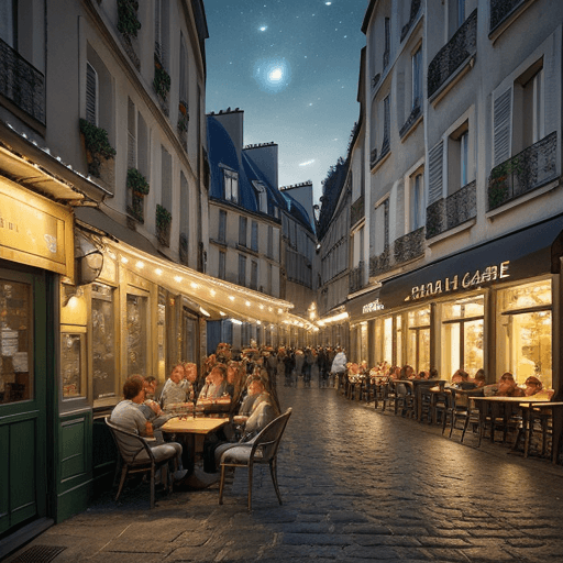 AI generated: Extremely realistic outdoor photo. Night scene with the terrace of a café on the corner of a narrow ...