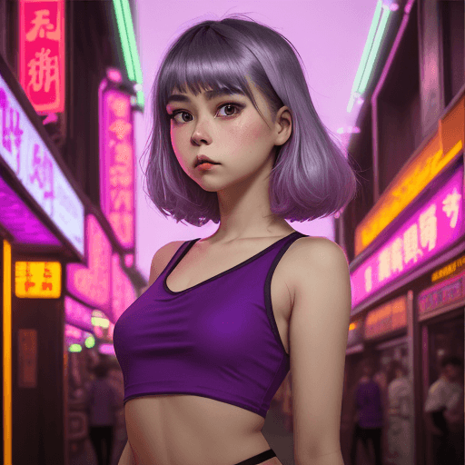 AI generated: a girl in a purple top in a neon city, in the style of chinapunk, iconic album covers, soft-focus po...