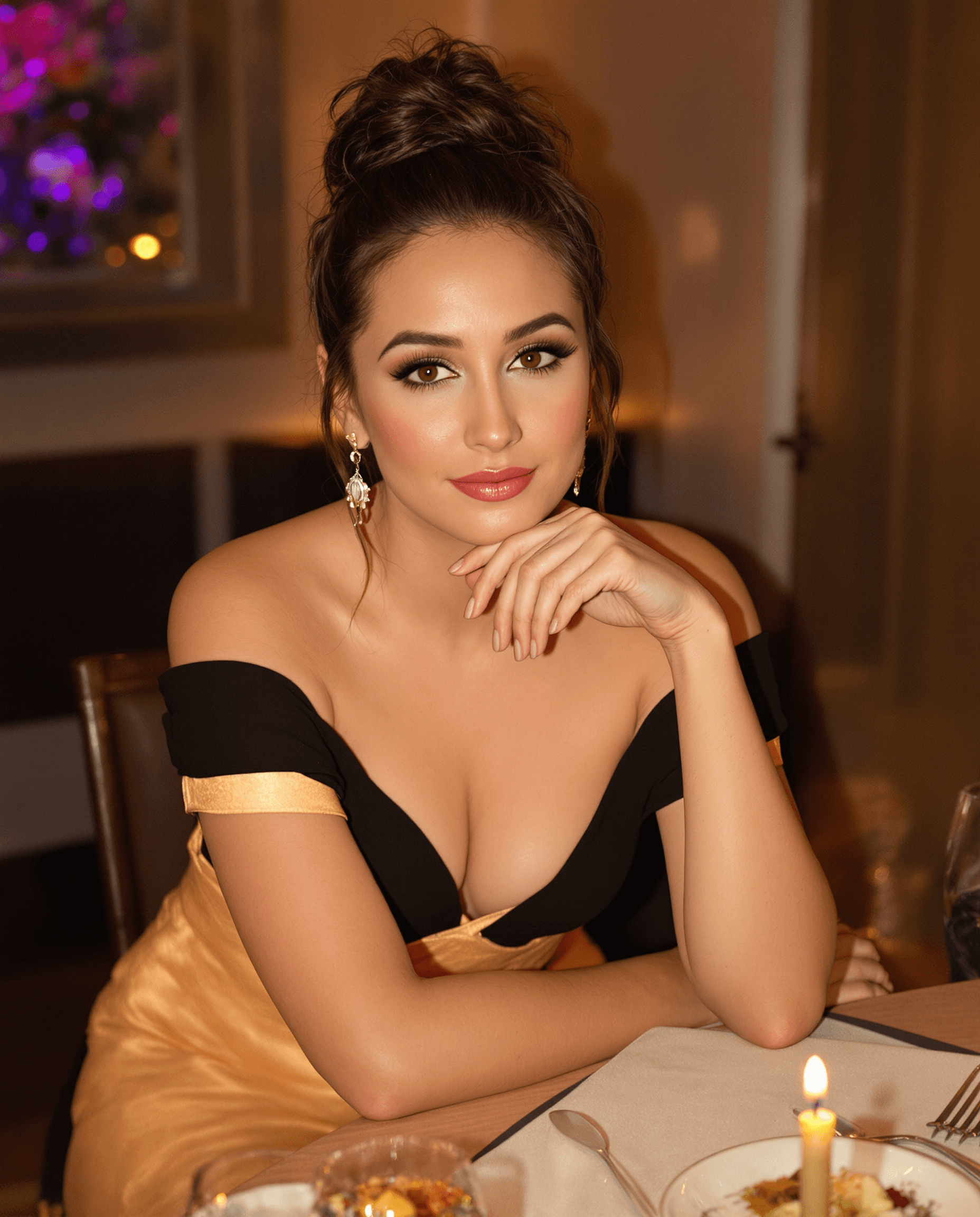AI generated: Keeley hazell, dark brown messy bun, ample chest, thick thigh, long leg,sitting at a candlelit dinne...