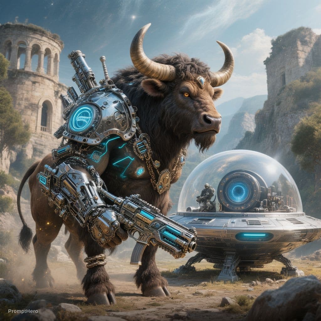 AI generated: Mythical Creature Reimagined, Use the Greek mythology and reinvent a Mythical Creature minotaur addi...