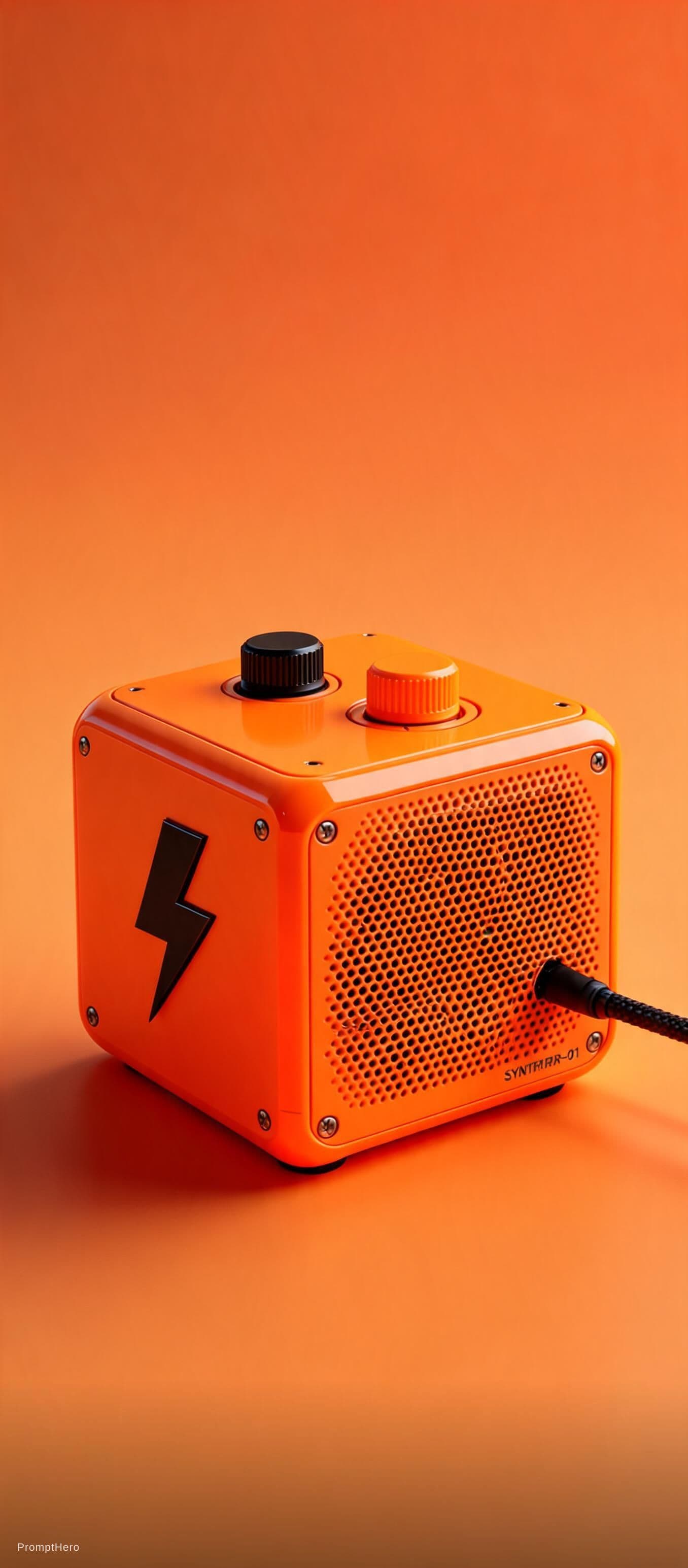 AI generated: A futuristic, minimalist cube-shaped speaker in vibrant fluorescent orange, featuring a perforated s...