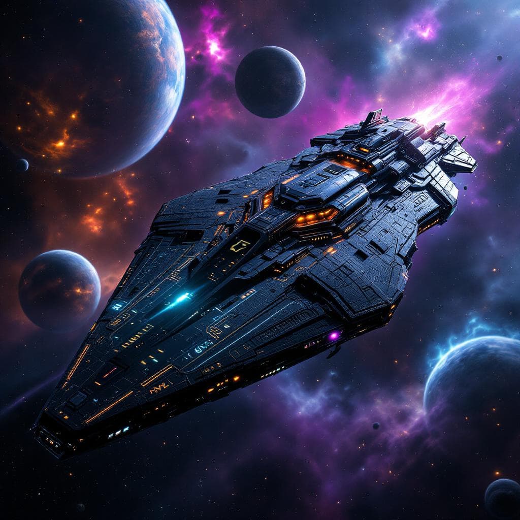 AI generated: Imagine, in detail, an alien spaceship to show a new design. An alien dreadnought. Show it in deep s...