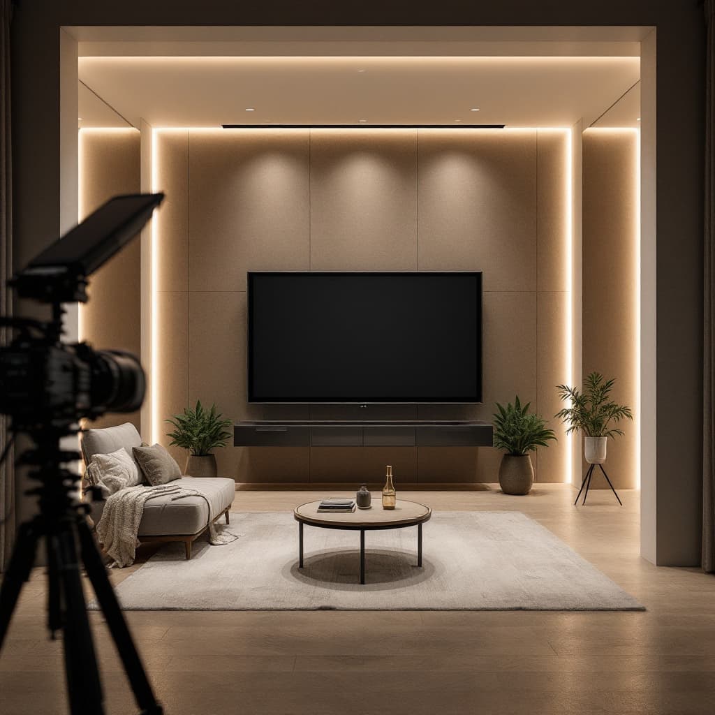 AI generated: youtuber talking to the camara in his luxarious youtube studio. wall as background. extreme minimal ...