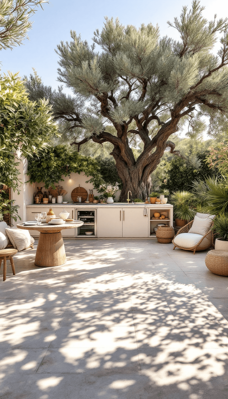 AI generated: photo of a gorgeous sunlit outdoor kitchen in Ibiza style, Spanish finca, Ibiza, big olive tree, sum...