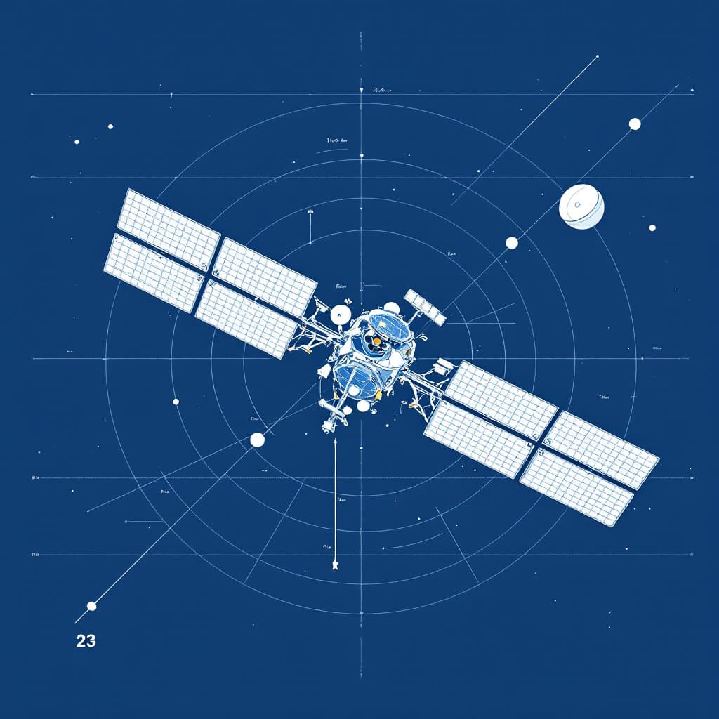 AI generated: 23.	“A technical drawing of a satellite in orbit, blue background with precise measurement lines, so...