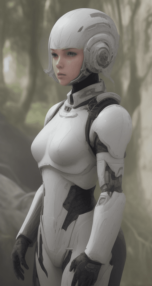 AI generated: white sci-fi female armor with cybernetic helmet, full armor, insulated armor, spacesuit, bald head,...