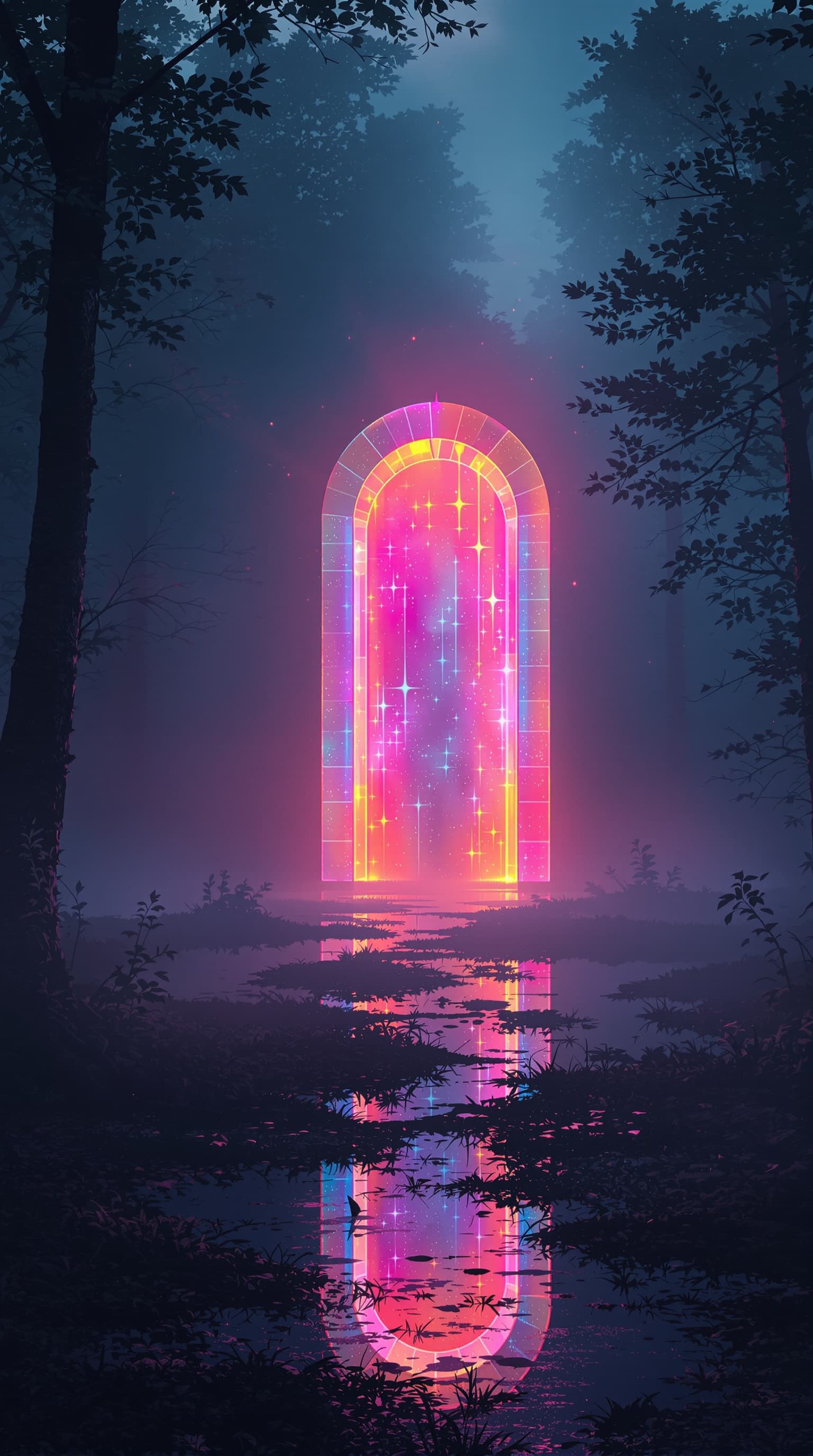 AI generated: foggy-evening-in-swamp-holographic-gate-pink-and-blue-and-orange-uminescent-translucent-ghostly