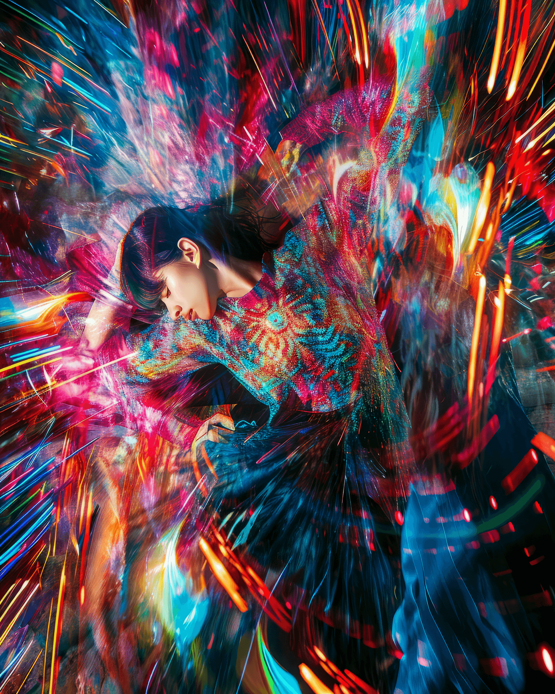 AI generated: woman wearing Kaleidoscopic apparel in a dimension of chaos, swirling patterns, exploding colors, fr...