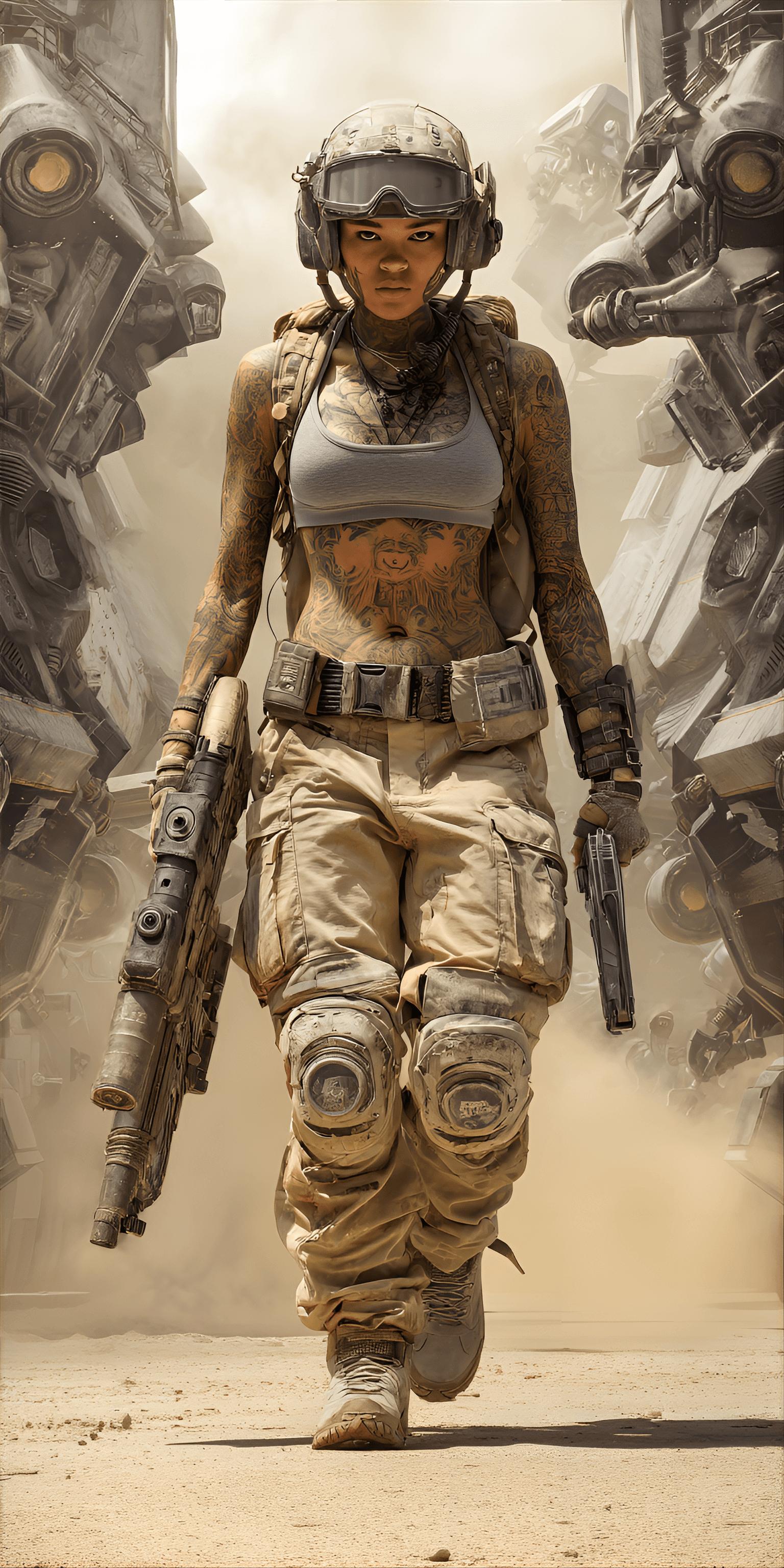 AI generated: young, athletic female soldier, seemingly of European descent, is depicted in a full-body shot, cent...