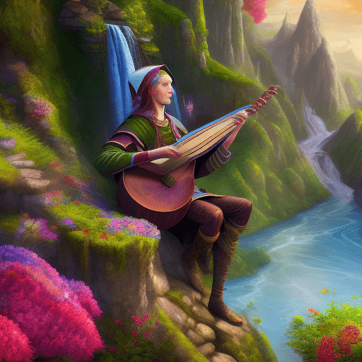 AI generated: wise elf playing lute on a mountain, Dungeons and Dragons, steam punk, artistic, beautiful nature, w...