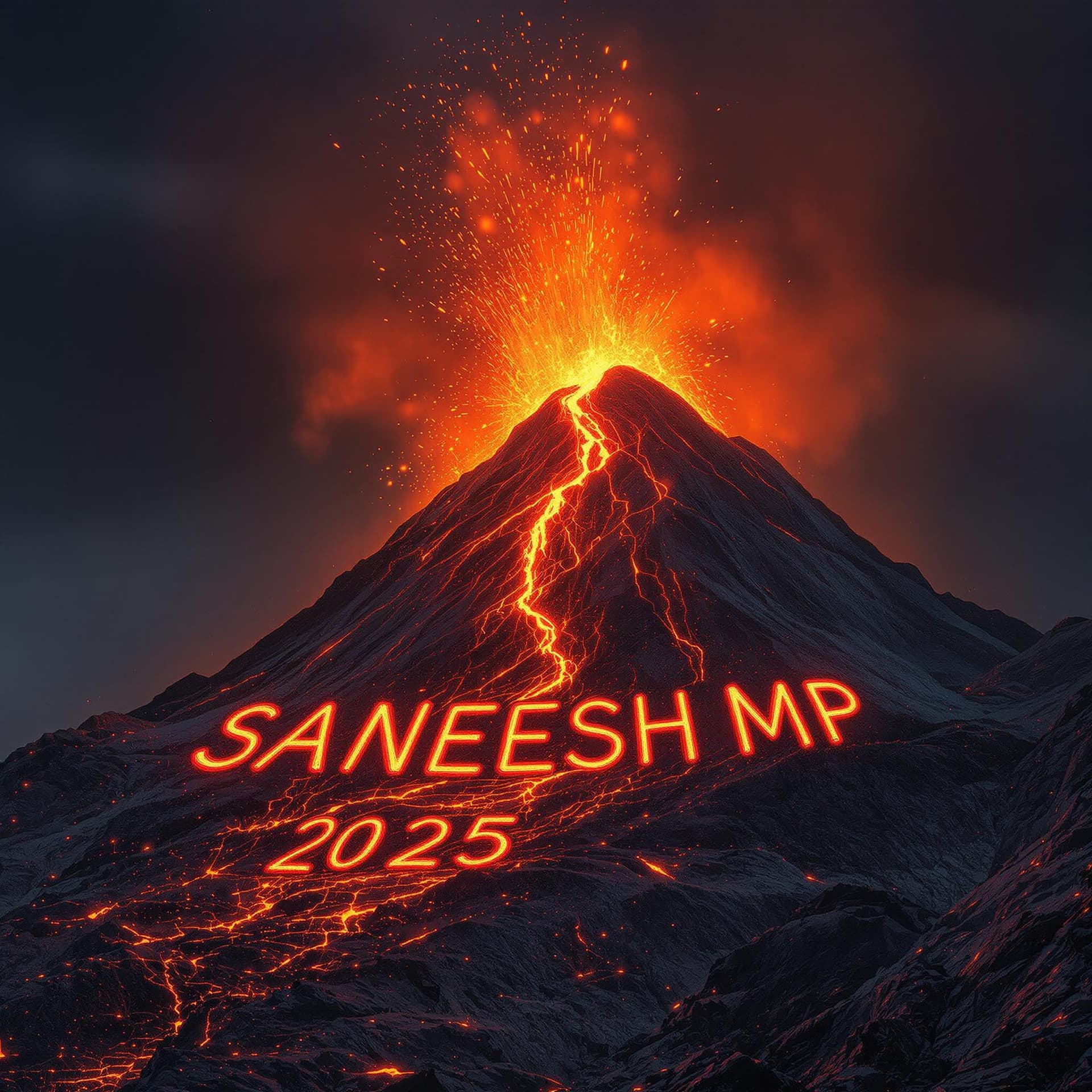 AI generated: An erupting volcano with molten lava spelling out '2025 SANEESH MP' as it flows down the mountainsid...
