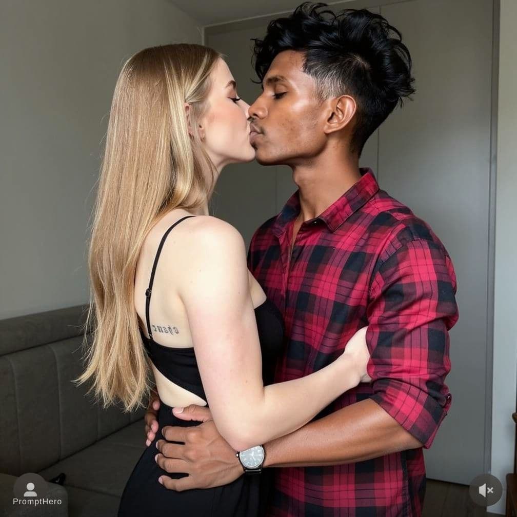 AI generated: Wife initially standing close to her husband then slowly kisses her husband then walks away from him...