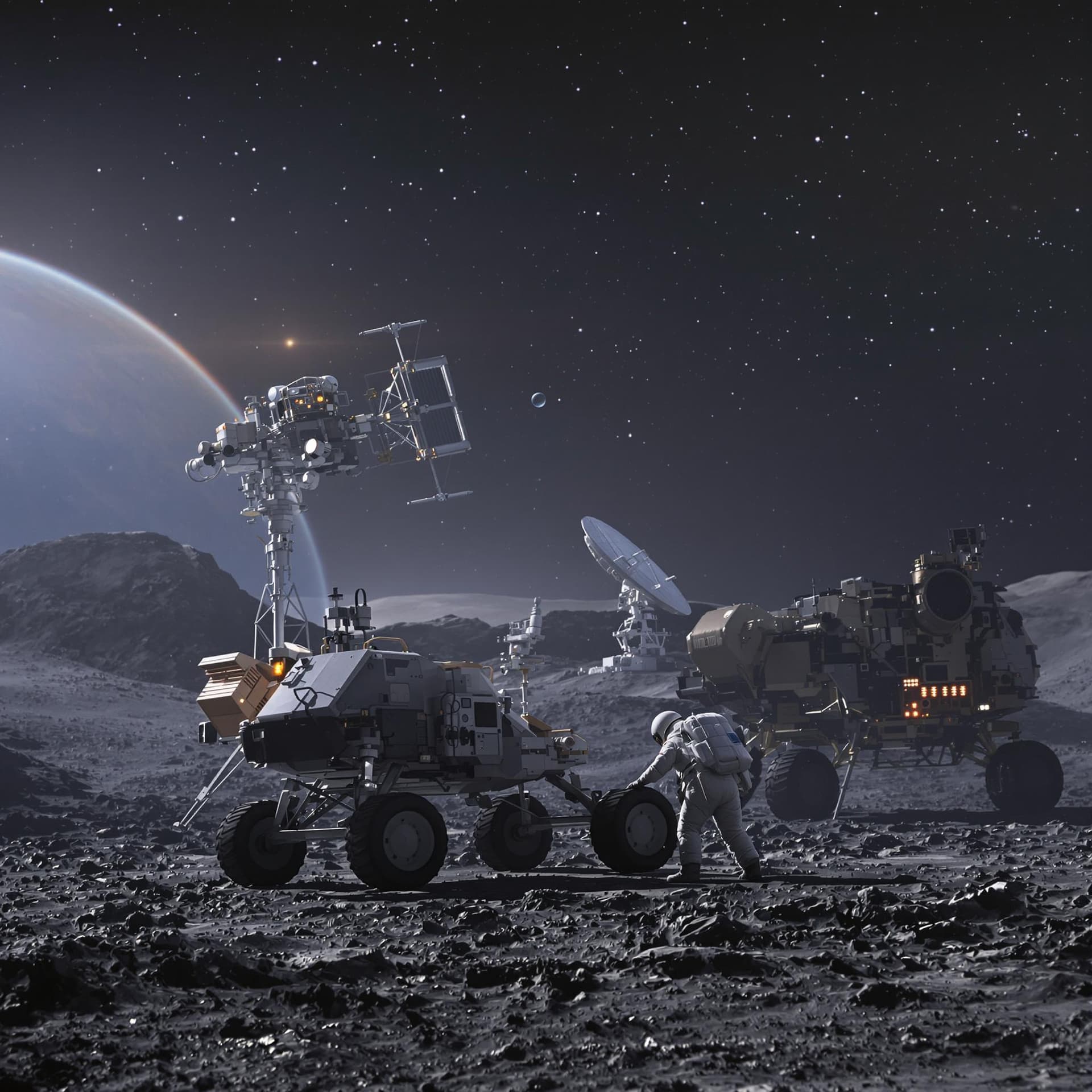 AI generated: Realistic shot of astronauts on the surface of a planet, with a lunar rover and space station in the...