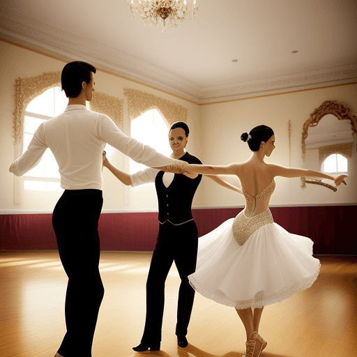 AI generated: generate image of 4 couples of men and women dancing waltz with ballroom dance costumes inside a ver...